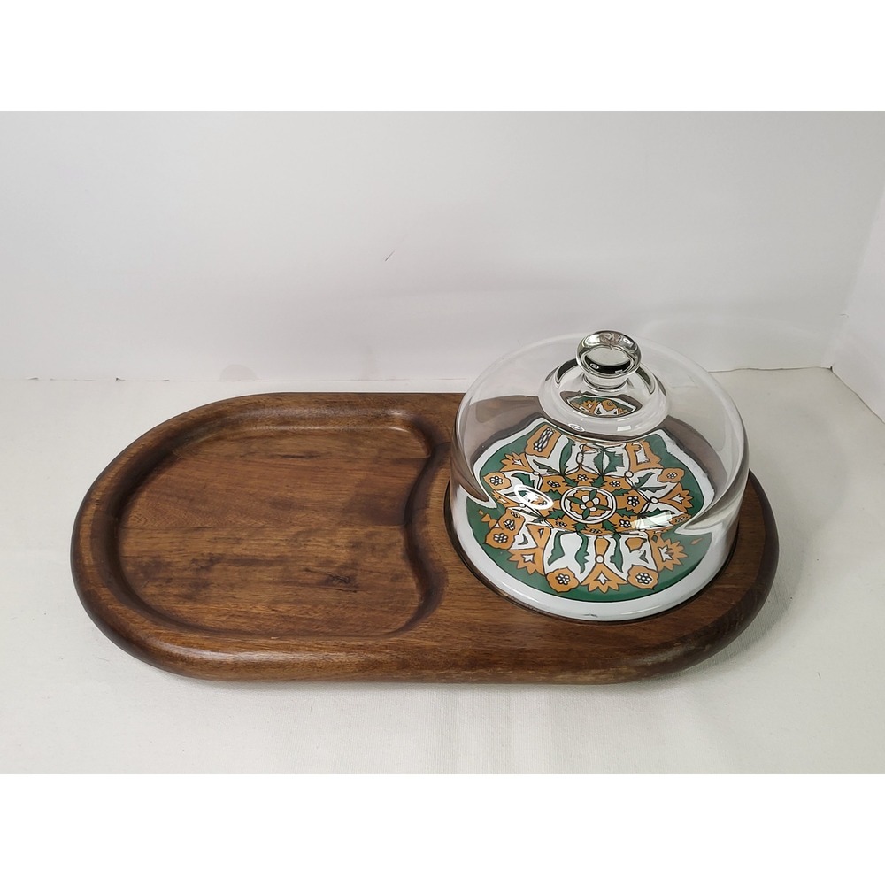 Vintage Wooden Cheese Cracker Tray with Glass Dome and Floral Ceramic Tile Inlay